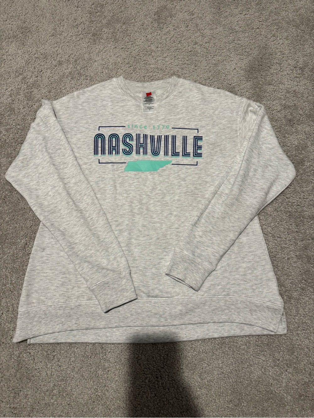 Hanes Light Gray Crewneck Sweatshirt with Mint & Navy Nashville Graphic